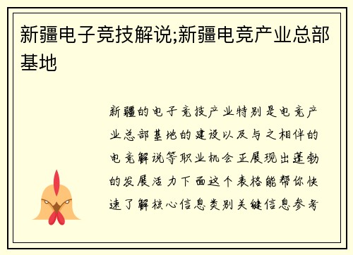 新疆电子竞技解说;新疆电竞产业总部基地
